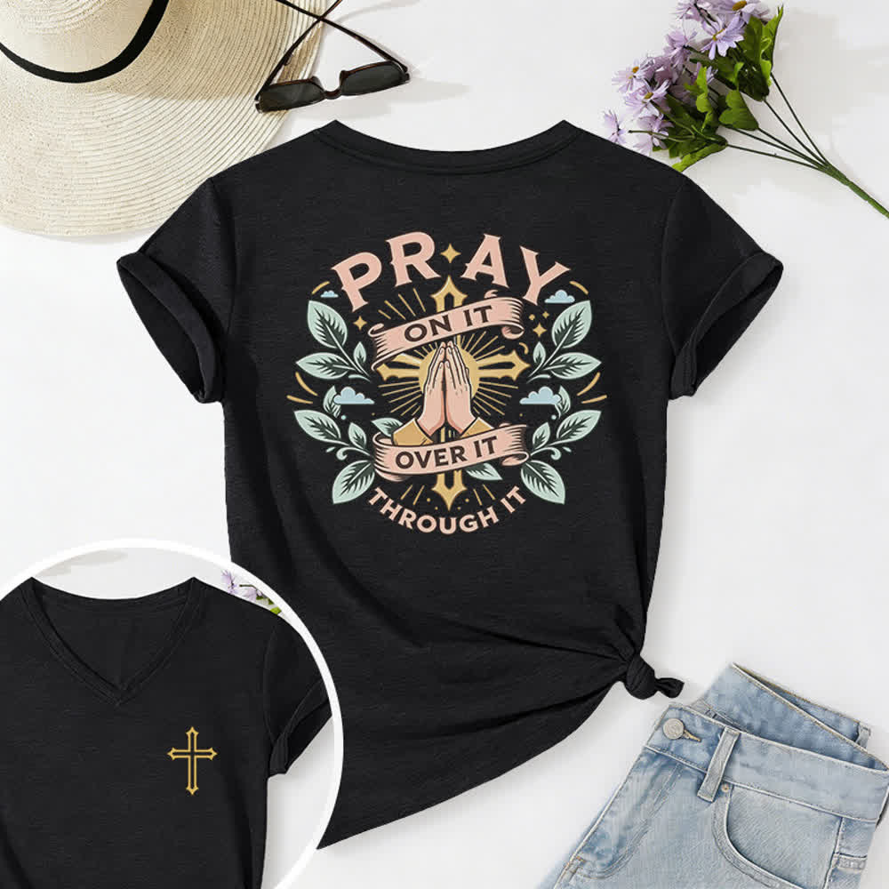 Christianartworkshop T-shirt à manches retroussées et nœud latéral pour femme « Pray On It » - Noir - 2XL - image 0