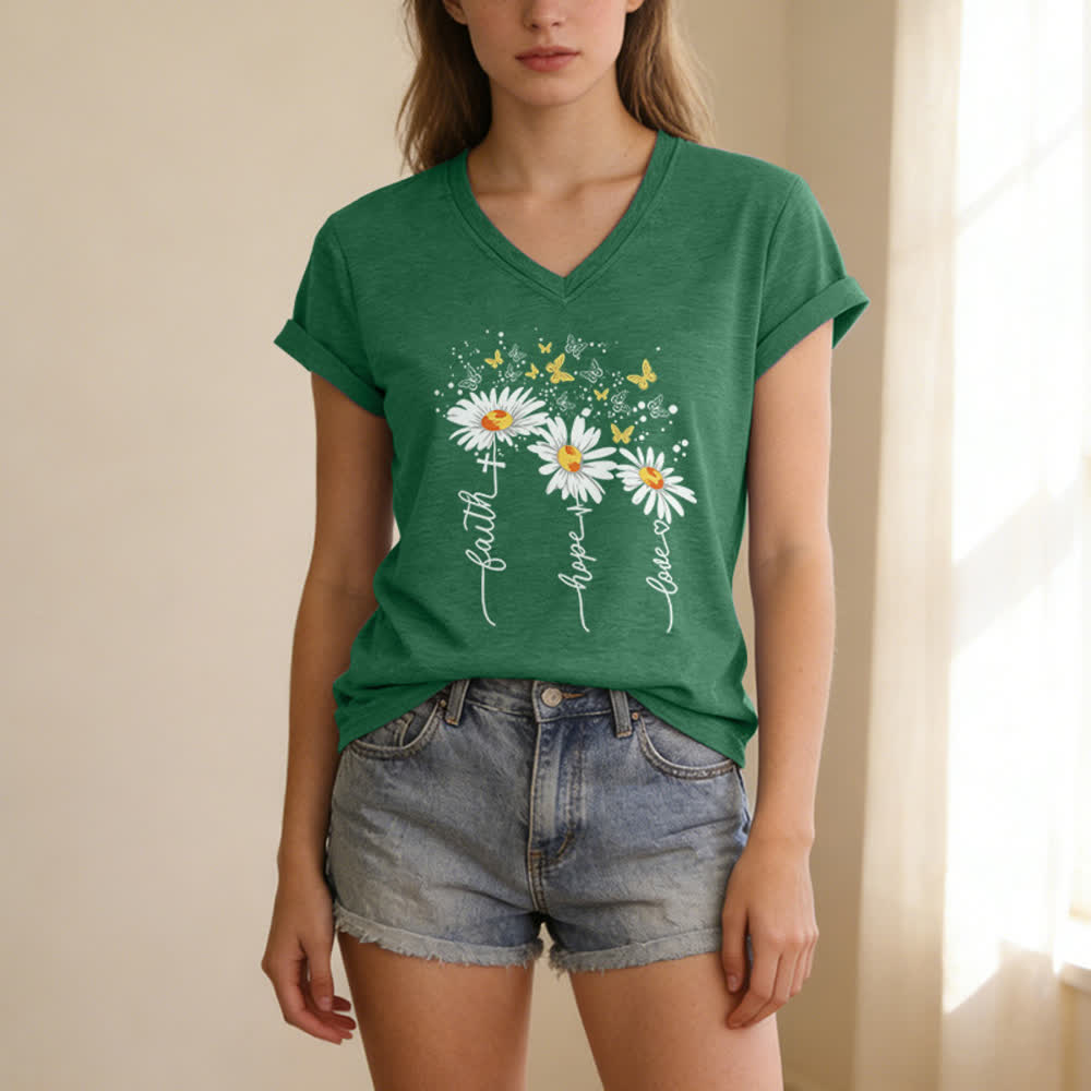 Christianartworkshop T-shirt à col en V pour femme Faith Hope Love Daisy Butterfly - image 1