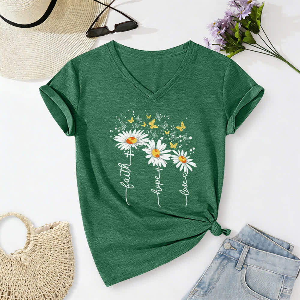 Christianartworkshop T-shirt à col en V pour femme Faith Hope Love Daisy Butterfly - Vert - 2XL - image 0