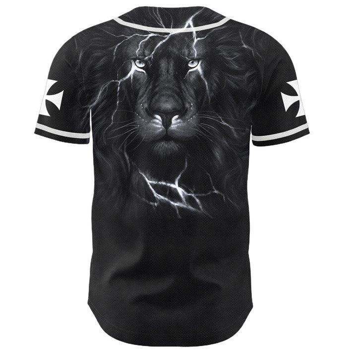 Christianartworkshop Maillot de baseball boutonné avec emblème vertical Jésus clou croix et éclair au dos, portrait du Lion de Juda et du Lion de Juda. - image 9