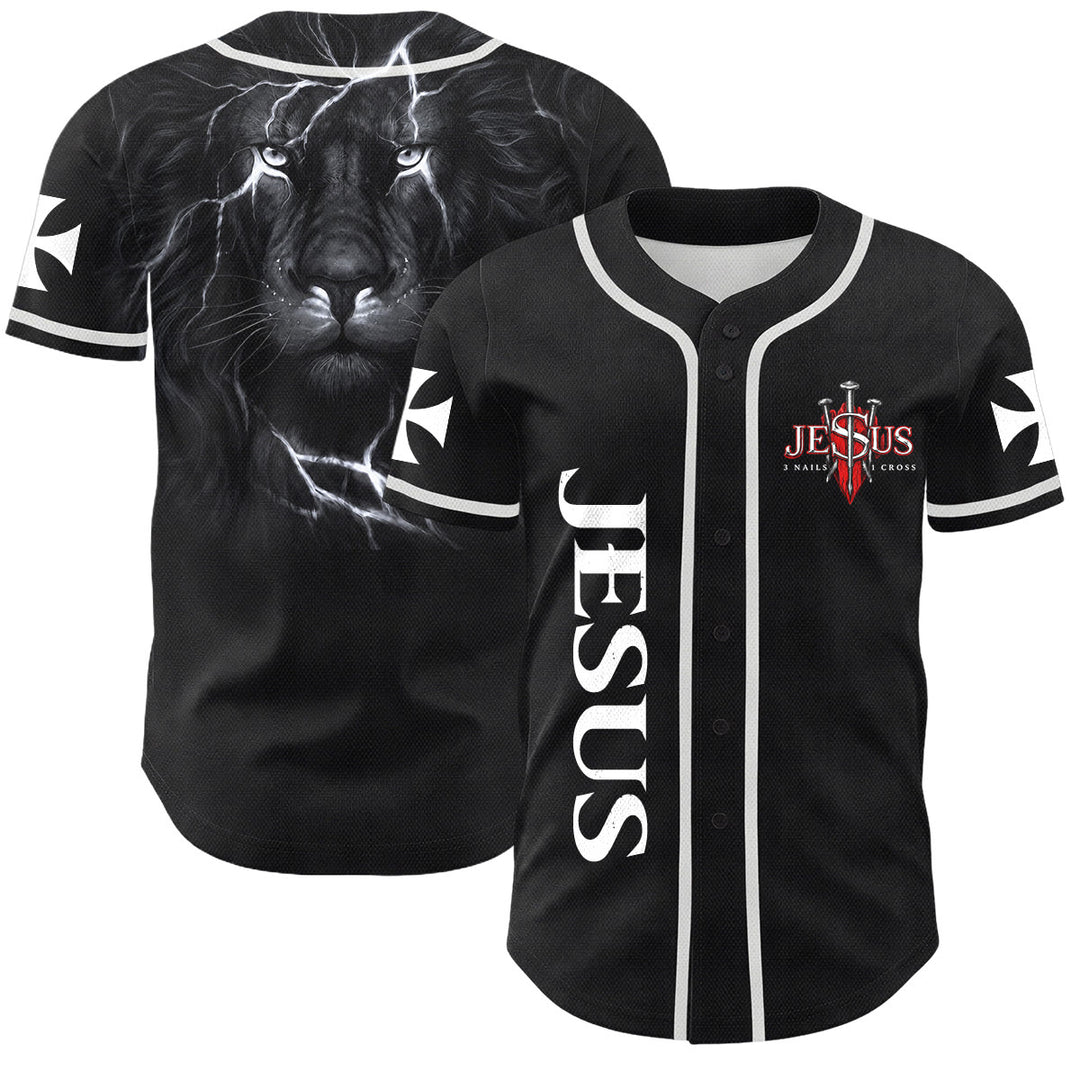 Christianartworkshop Maillot de baseball boutonné avec emblème vertical Jésus clou croix et éclair au dos, portrait du Lion de Juda et du Lion de Juda. - Blanc - 5XL - image 7