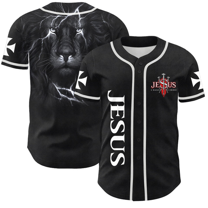 Christianartworkshop Maillot de baseball boutonné avec emblème vertical Jésus clou croix et éclair au dos, portrait du Lion de Juda et du Lion de Juda. - Blanc - 5XL - image 7