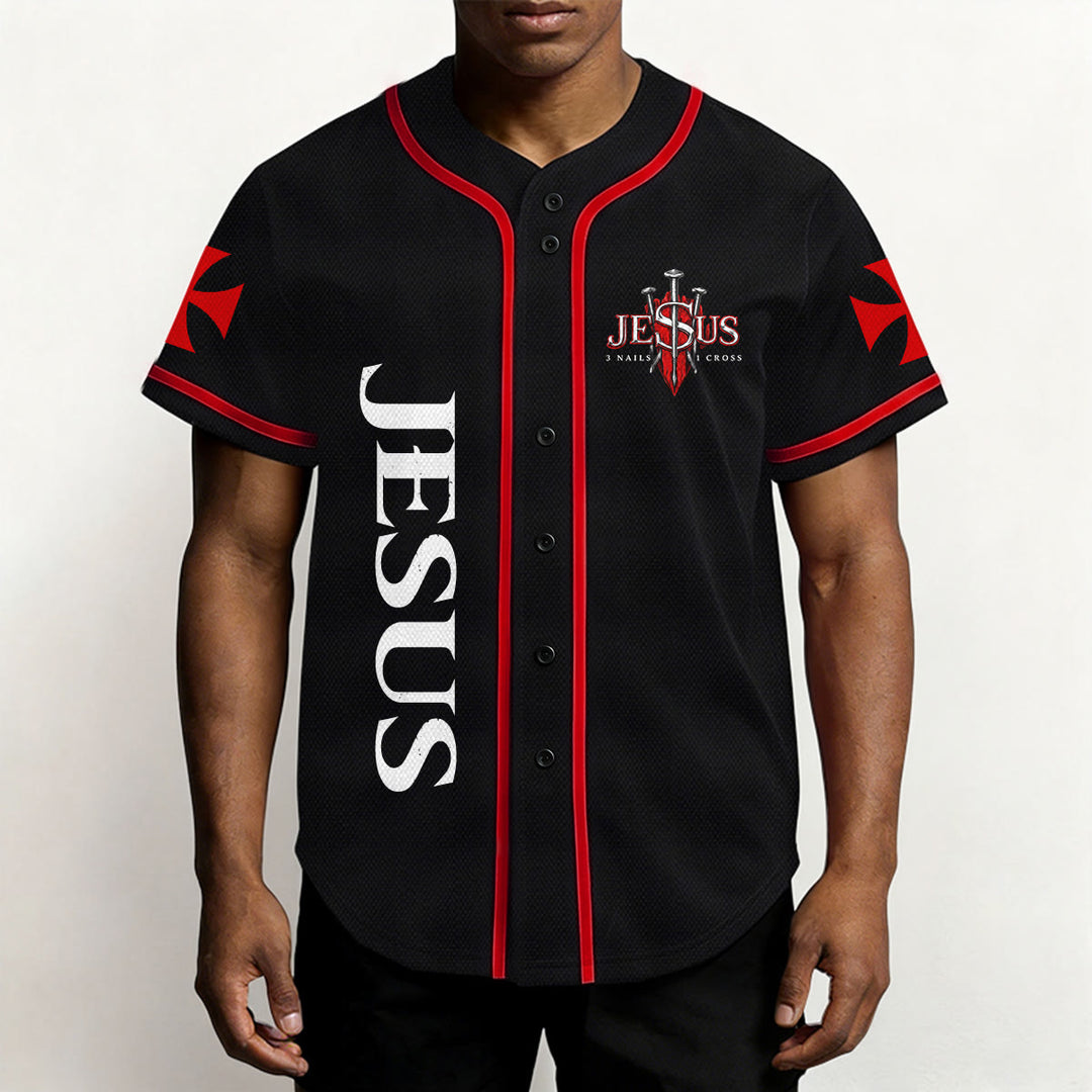 Christianartworkshop Maillot de baseball boutonné avec emblème vertical Jésus clou croix et éclair au dos, portrait du Lion de Juda et du Lion de Juda. - image 3