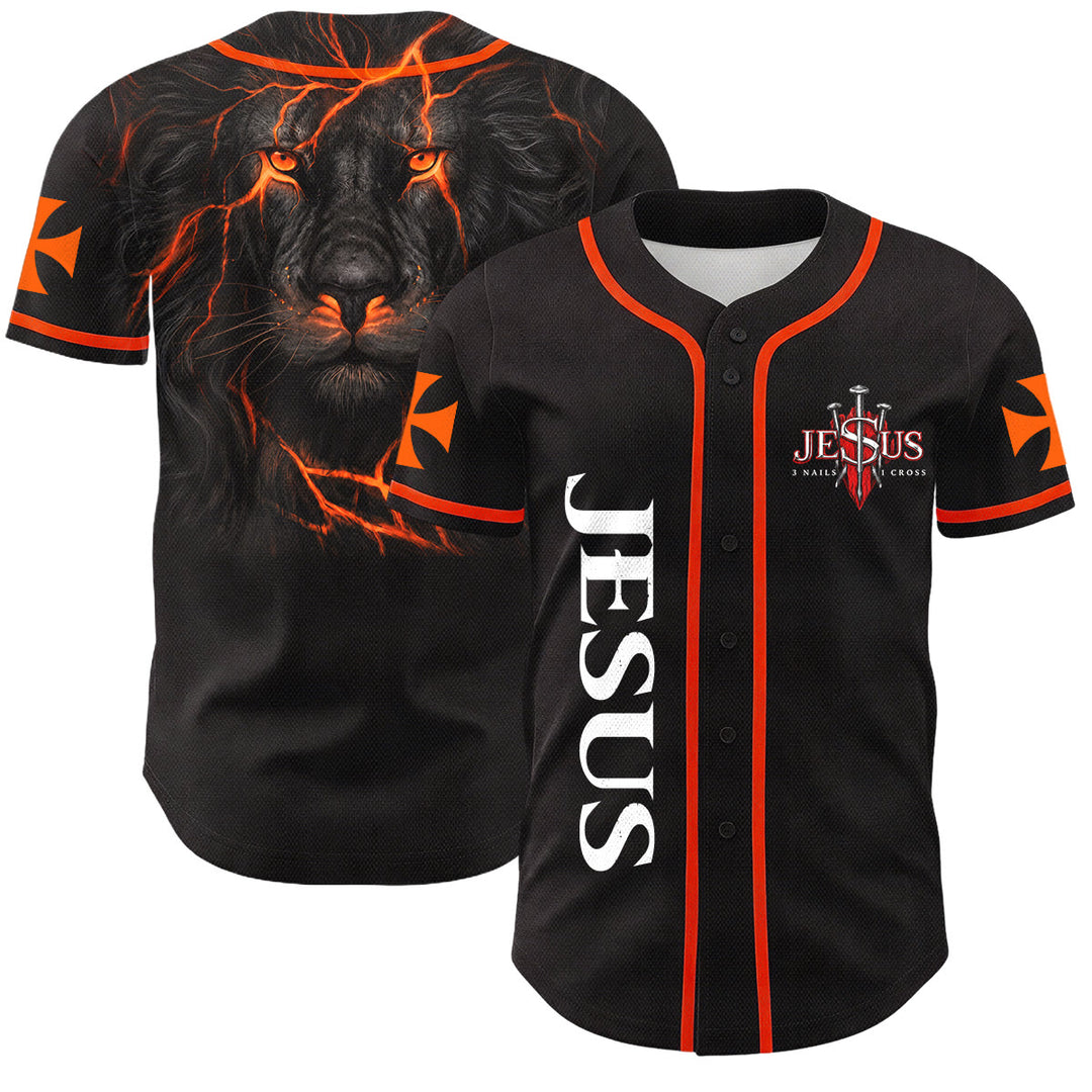 Christianartworkshop Maillot de baseball boutonné avec emblème vertical Jésus clou croix et éclair au dos, portrait du Lion de Juda et du Lion de Juda. - Orange - 5XL - image 14