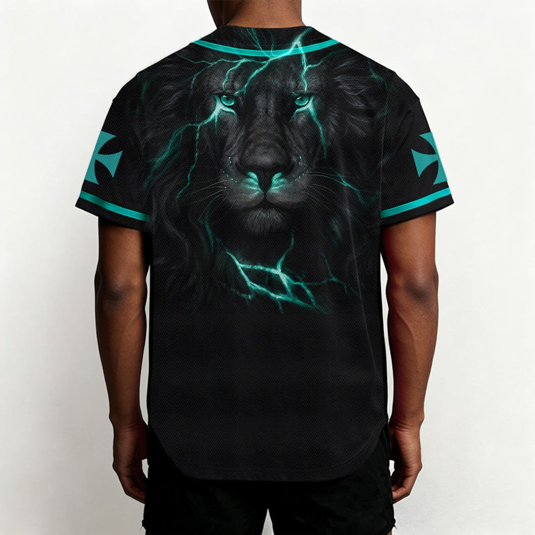 Christianartworkshop Maillot de baseball boutonné avec emblème vertical Jésus clou croix et éclair au dos, portrait du Lion de Juda et du Lion de Juda. - image 25