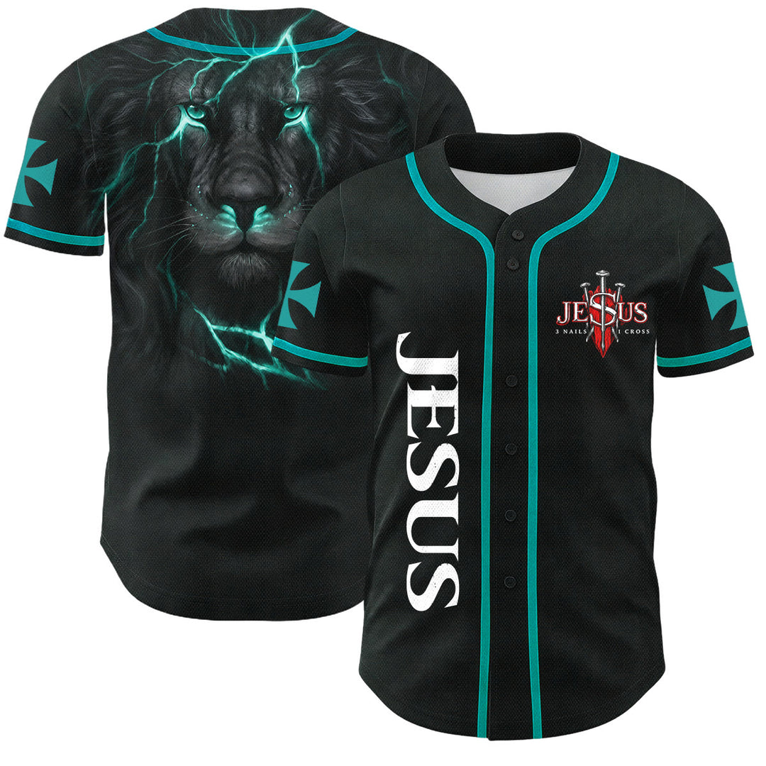 Christianartworkshop Maillot de baseball boutonné avec emblème vertical Jésus clou croix et éclair au dos, portrait du Lion de Juda et du Lion de Juda. - Lac Bleu - 5XL - image 21