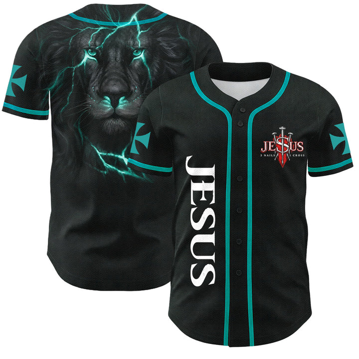 Christianartworkshop Maillot de baseball boutonné avec emblème vertical Jésus clou croix et éclair au dos, portrait du Lion de Juda et du Lion de Juda. - Lac Bleu - 5XL - image 21