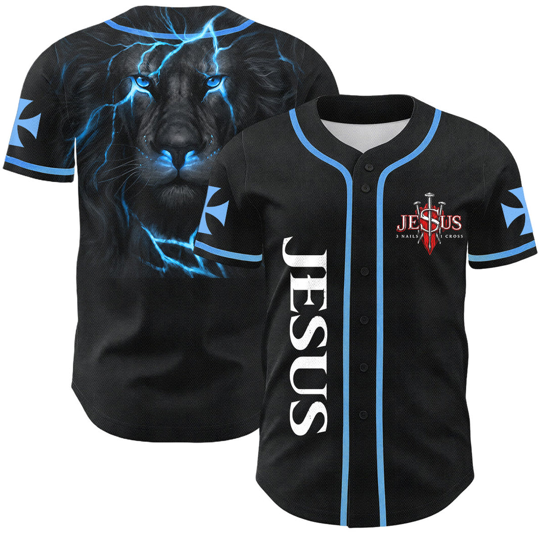 Christianartworkshop Maillot de baseball boutonné avec emblème vertical Jésus clou croix et éclair au dos, portrait du Lion de Juda et du Lion de Juda. - Bleu ciel - 5XL - image 28