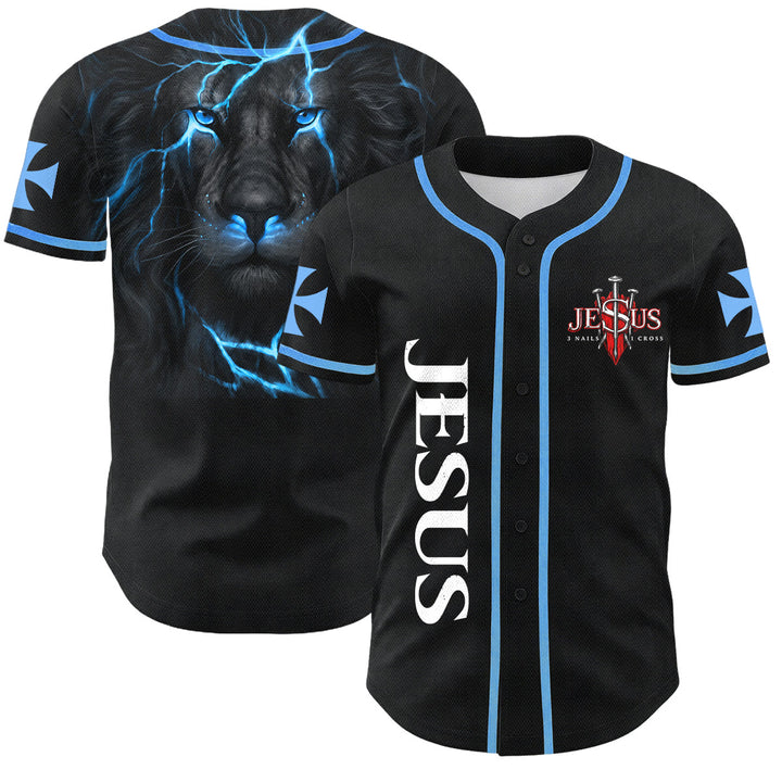 Christianartworkshop Maillot de baseball boutonné avec emblème vertical Jésus clou croix et éclair au dos, portrait du Lion de Juda et du Lion de Juda. - Bleu ciel - 5XL - image 28