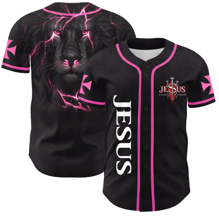 Christianartworkshop Maillot de baseball boutonné avec emblème vertical Jésus clou croix et éclair au dos, portrait du Lion de Juda et du Lion de Juda. - Rose - 5XL - image 35