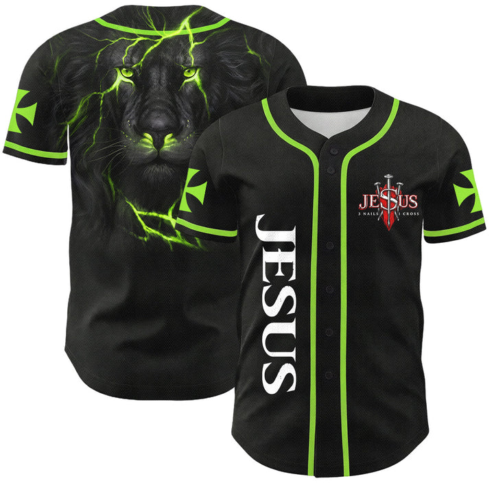Christianartworkshop Maillot de baseball boutonné avec emblème vertical Jésus clou croix et éclair au dos, portrait du Lion de Juda et du Lion de Juda. - Vert - 5XL - image 42