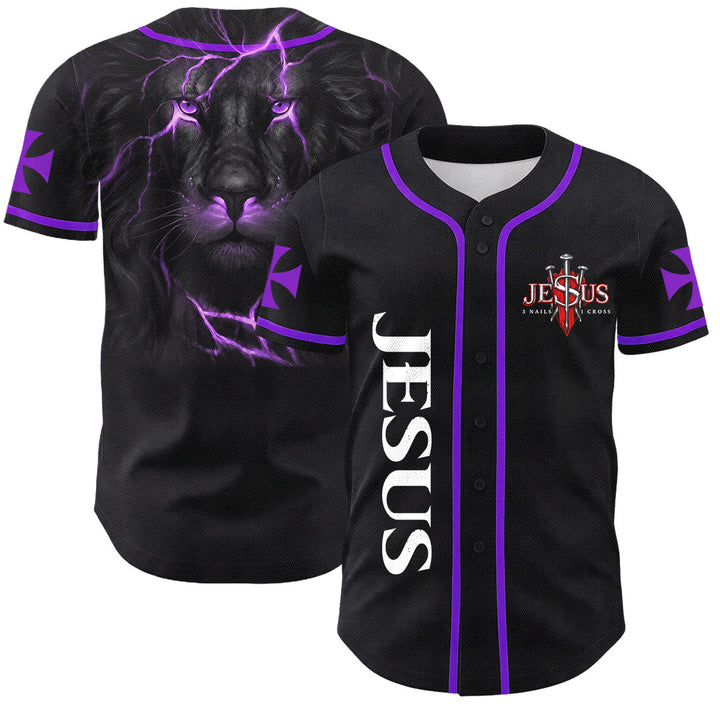 Christianartworkshop Maillot de baseball boutonné avec emblème vertical Jésus clou croix et éclair au dos, portrait du Lion de Juda et du Lion de Juda. - Violet - 5XL - image 49