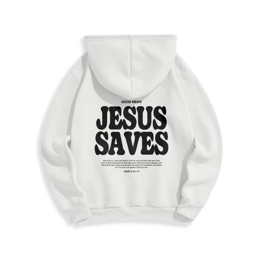 Christianartworkshop Sweat à capuche blanc Jesus Saves, style streetwear, doublé polaire, en polyester. - image 1