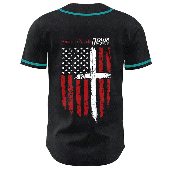 Christianartworkshop Maillot de baseball boutonné à drapeau vieilli « America Needs Jesus » - image 43