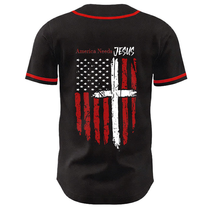 Christianartworkshop Maillot de baseball boutonné à drapeau vieilli « America Needs Jesus » - image 15