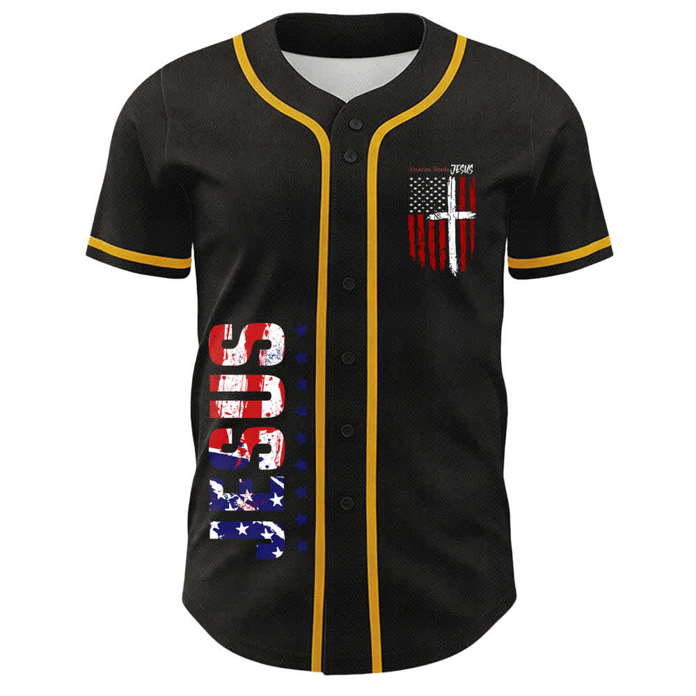 Christianartworkshop Maillot de baseball boutonné à drapeau vieilli « America Needs Jesus » - Vert - 5XL - image 2