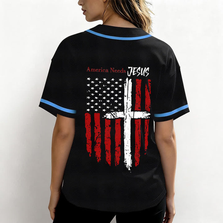Christianartworkshop Maillot de baseball boutonné à drapeau vieilli « America Needs Jesus » - image 31