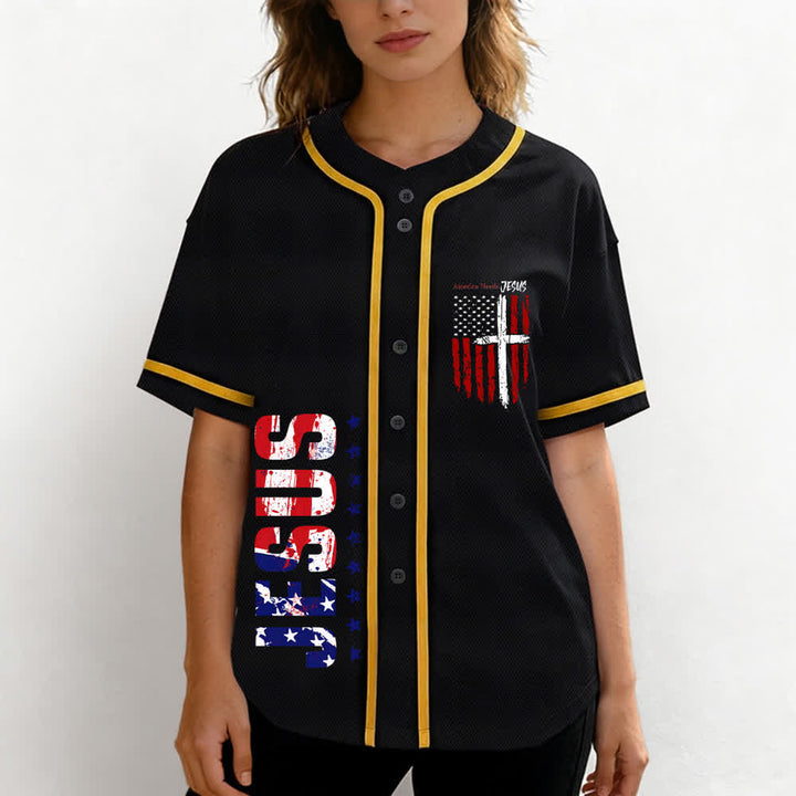 Christianartworkshop Maillot de baseball boutonné à drapeau vieilli « America Needs Jesus » - image 4