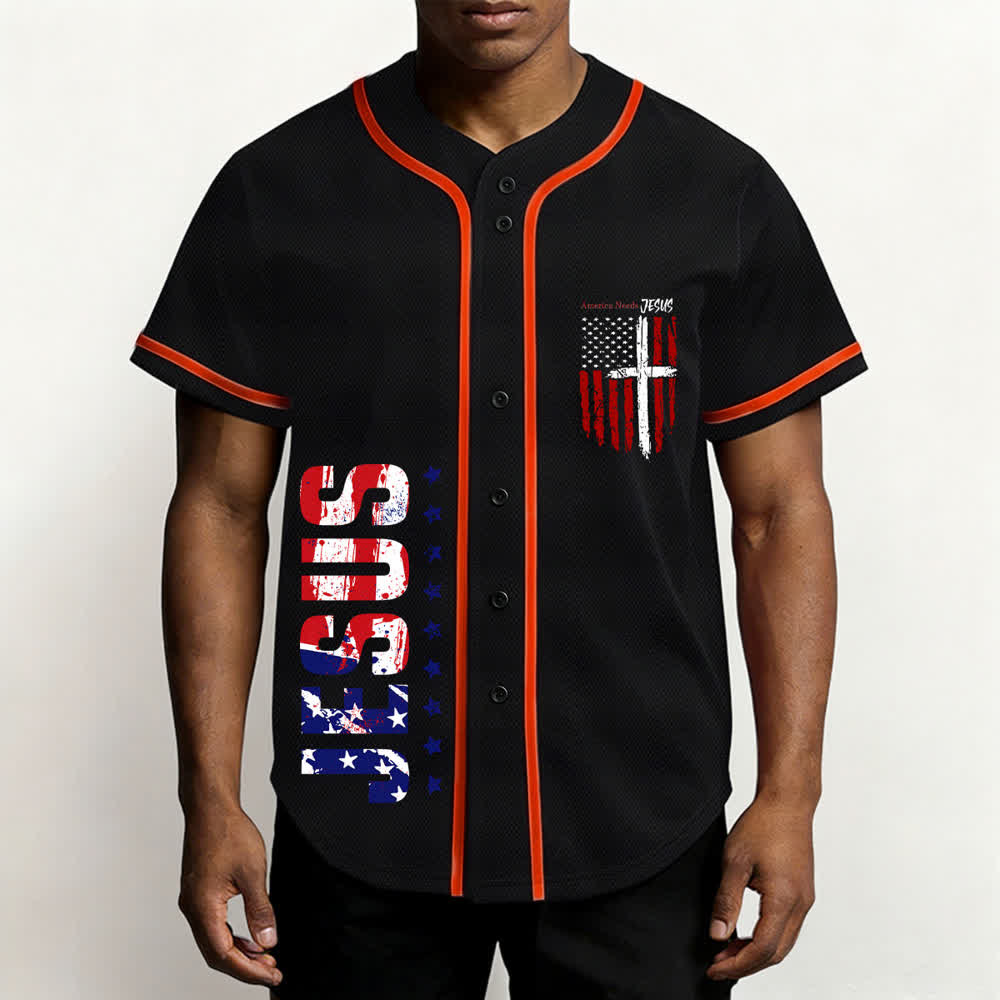 Christianartworkshop Maillot de baseball boutonné à drapeau vieilli « America Needs Jesus » - image 27