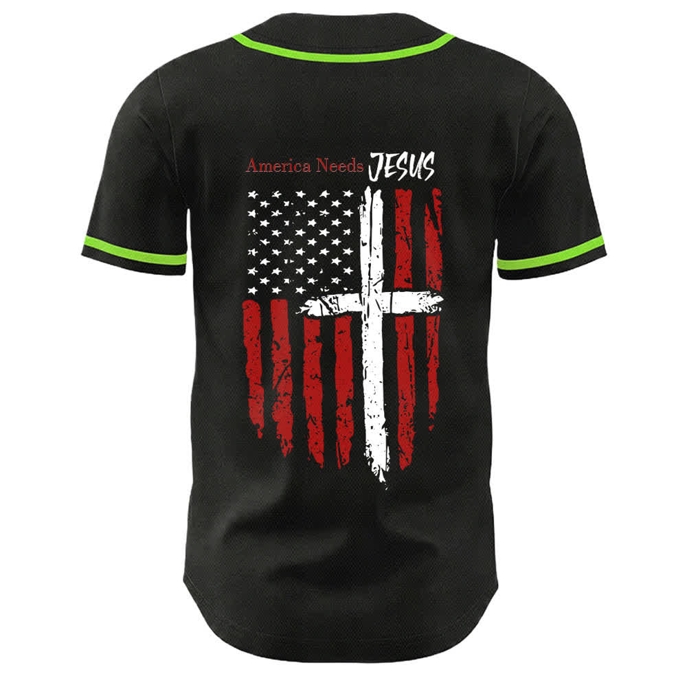 Christianartworkshop Maillot de baseball boutonné à drapeau vieilli « America Needs Jesus » - image 36