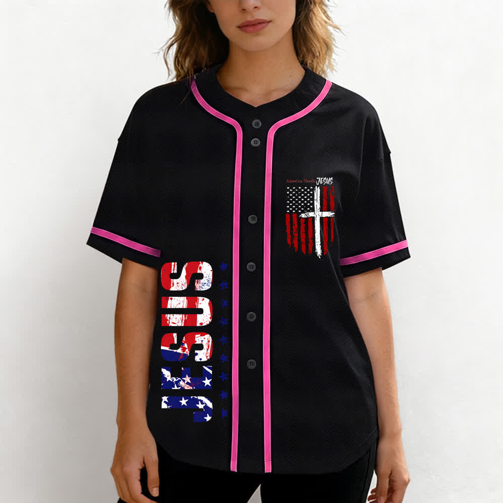 Christianartworkshop Maillot de baseball boutonné à drapeau vieilli « America Needs Jesus » - image 53