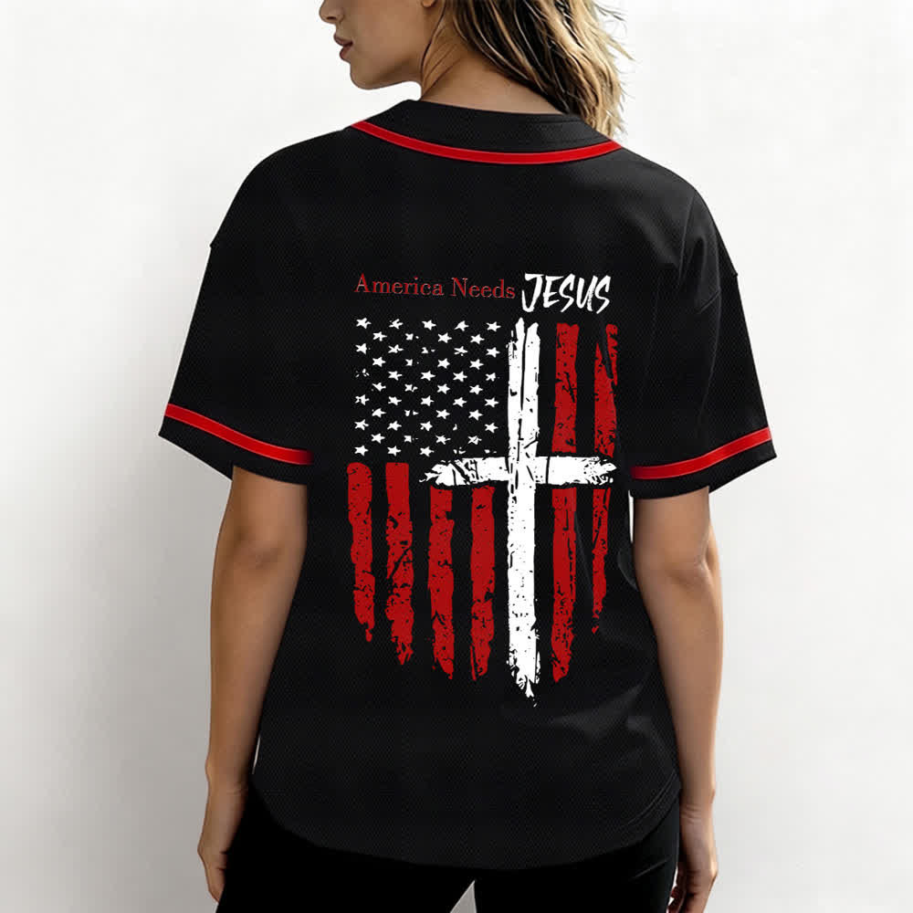 Christianartworkshop Maillot de baseball boutonné à drapeau vieilli « America Needs Jesus » - image 17