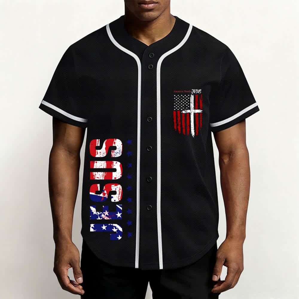 Christianartworkshop Maillot de baseball boutonné à drapeau vieilli « America Needs Jesus » - image 13