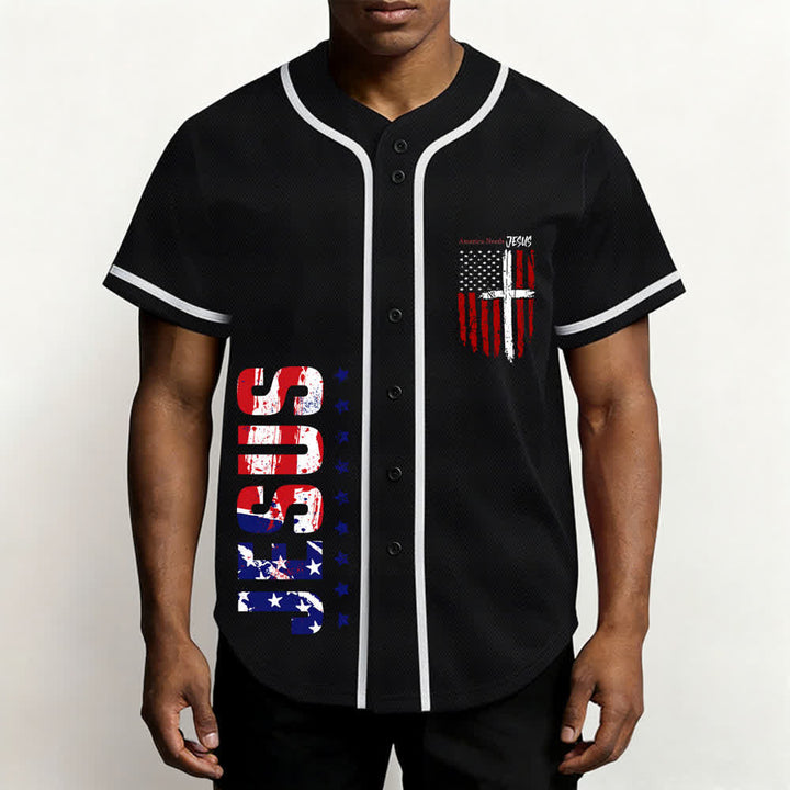 Christianartworkshop Maillot de baseball boutonné à drapeau vieilli « America Needs Jesus » - image 13