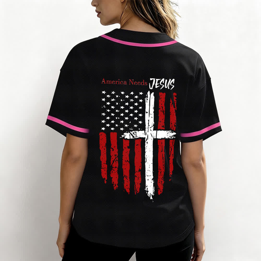 Christianartworkshop Maillot de baseball boutonné à drapeau vieilli « America Needs Jesus » - image 52
