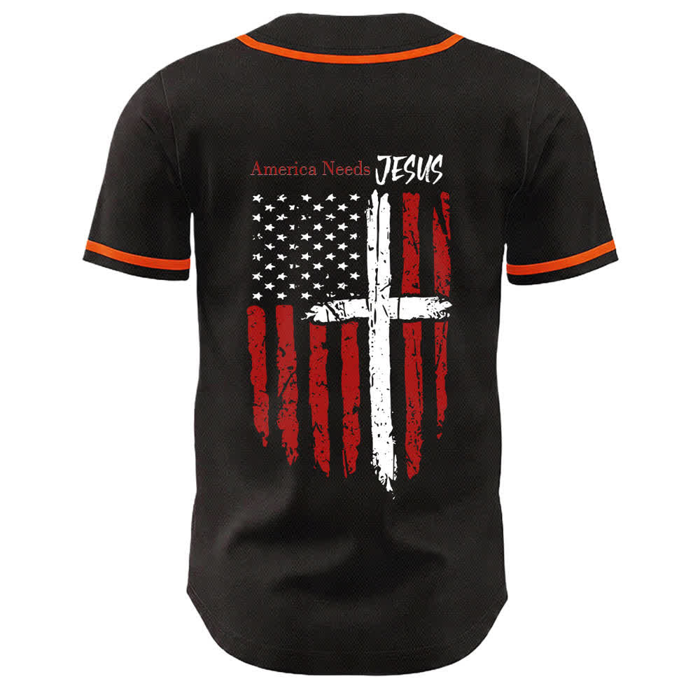 Christianartworkshop Maillot de baseball boutonné à drapeau vieilli « America Needs Jesus » - image 22