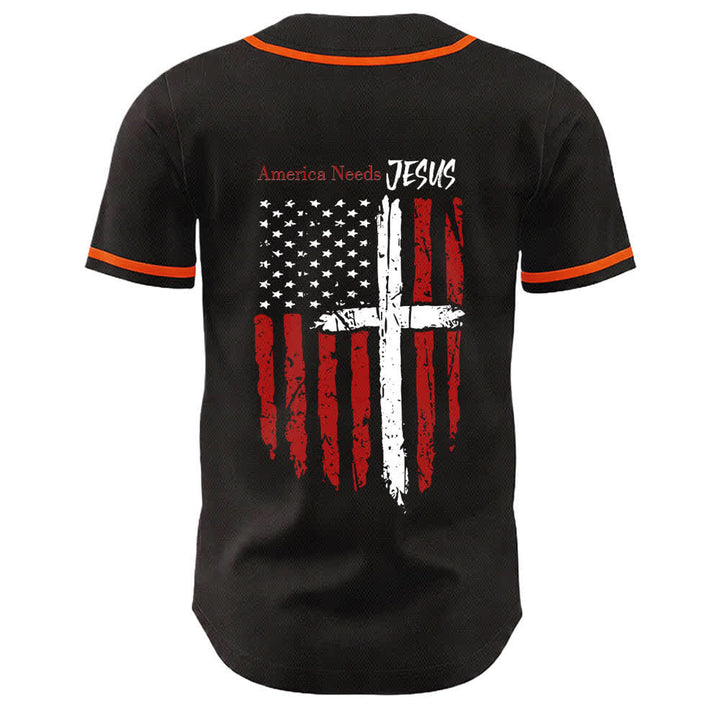Christianartworkshop Maillot de baseball boutonné à drapeau vieilli « America Needs Jesus » - image 22