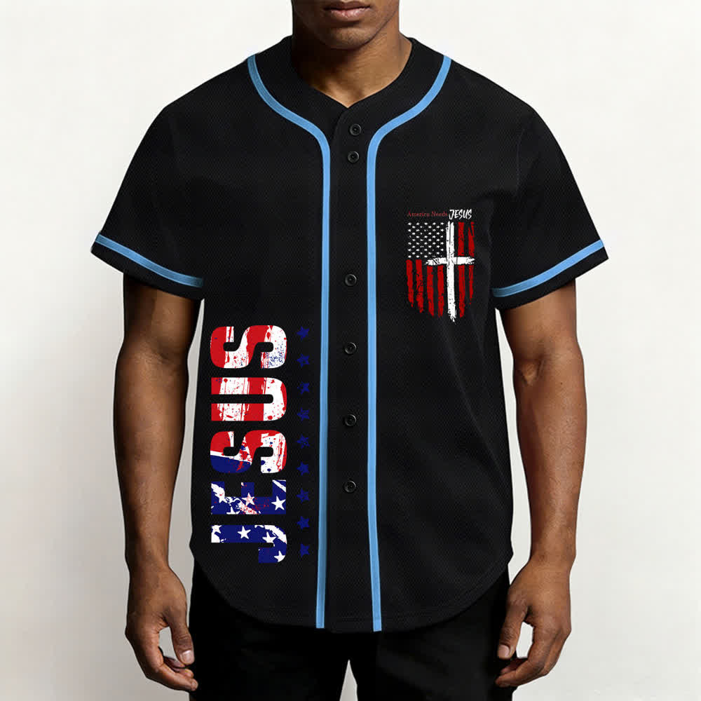 Christianartworkshop Maillot de baseball boutonné à drapeau vieilli « America Needs Jesus » - image 34