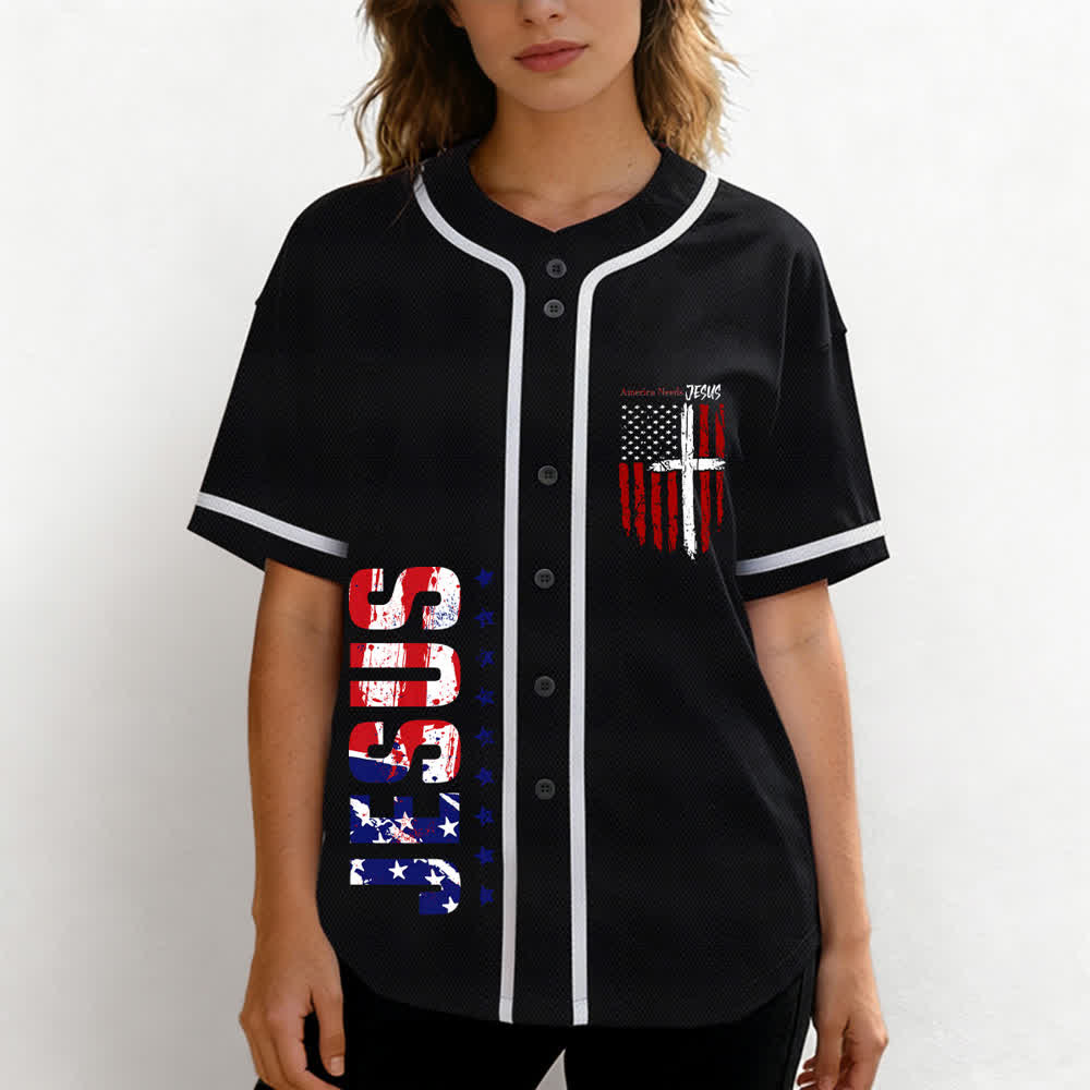 Christianartworkshop Maillot de baseball boutonné à drapeau vieilli « America Needs Jesus » - image 11