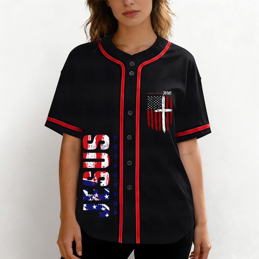 Christianartworkshop Maillot de baseball boutonné à drapeau vieilli « America Needs Jesus » - image 18