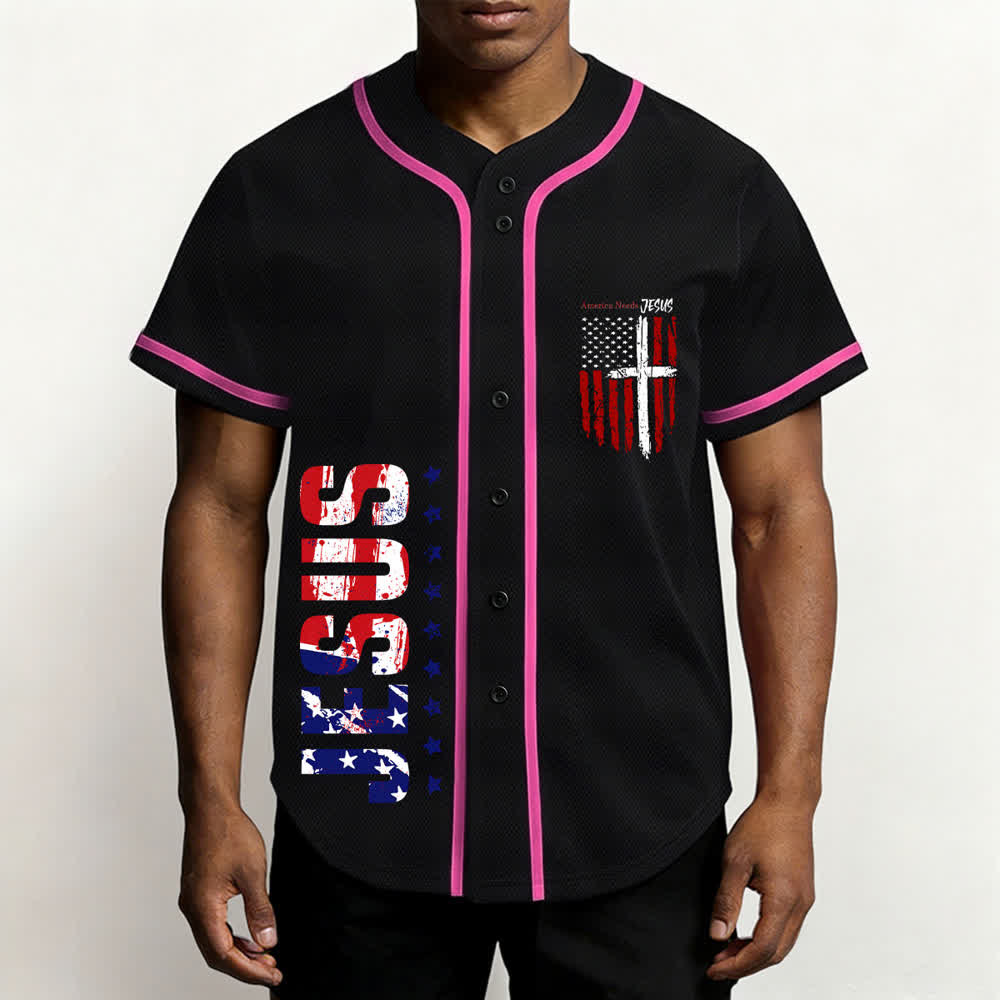 Christianartworkshop Maillot de baseball boutonné à drapeau vieilli « America Needs Jesus » - image 55