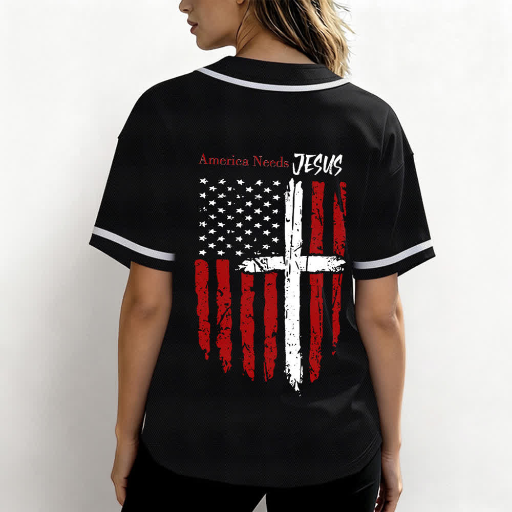 Christianartworkshop Maillot de baseball boutonné à drapeau vieilli « America Needs Jesus » - image 10