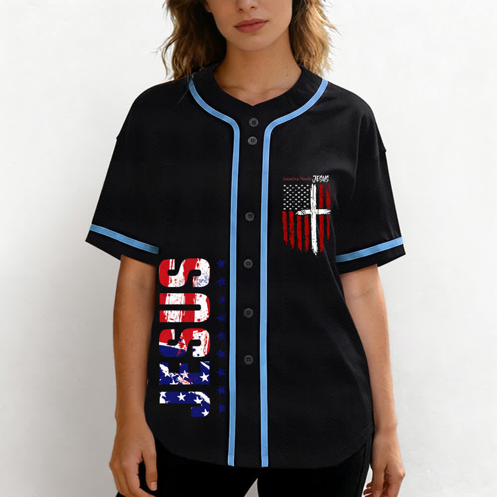 Christianartworkshop Maillot de baseball boutonné à drapeau vieilli « America Needs Jesus » - image 32