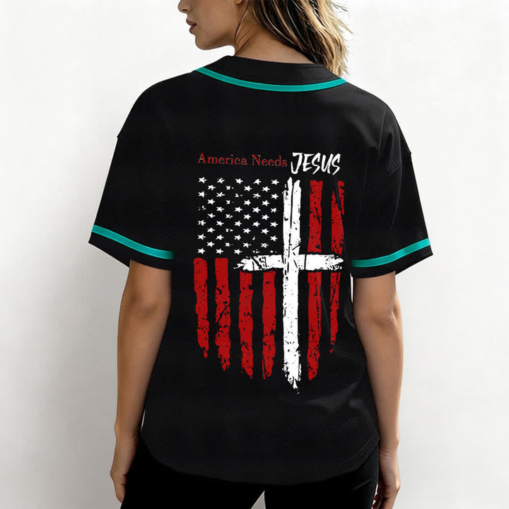 Christianartworkshop Maillot de baseball boutonné à drapeau vieilli « America Needs Jesus » - image 45
