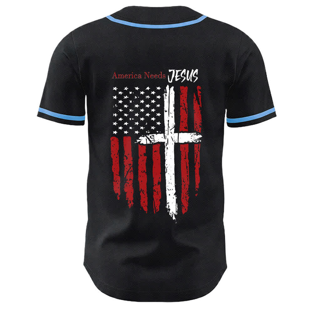 Christianartworkshop Maillot de baseball boutonné à drapeau vieilli « America Needs Jesus » - image 29