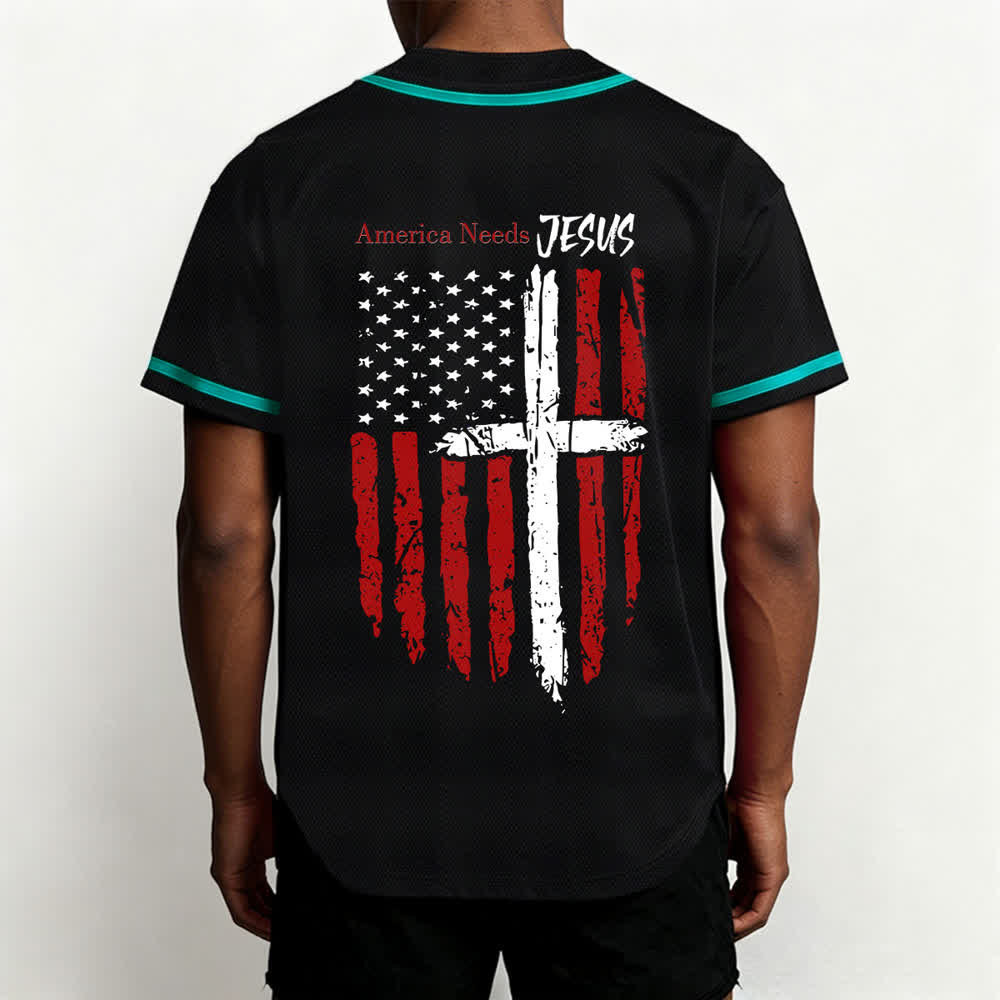 Christianartworkshop Maillot de baseball boutonné à drapeau vieilli « America Needs Jesus » - image 47