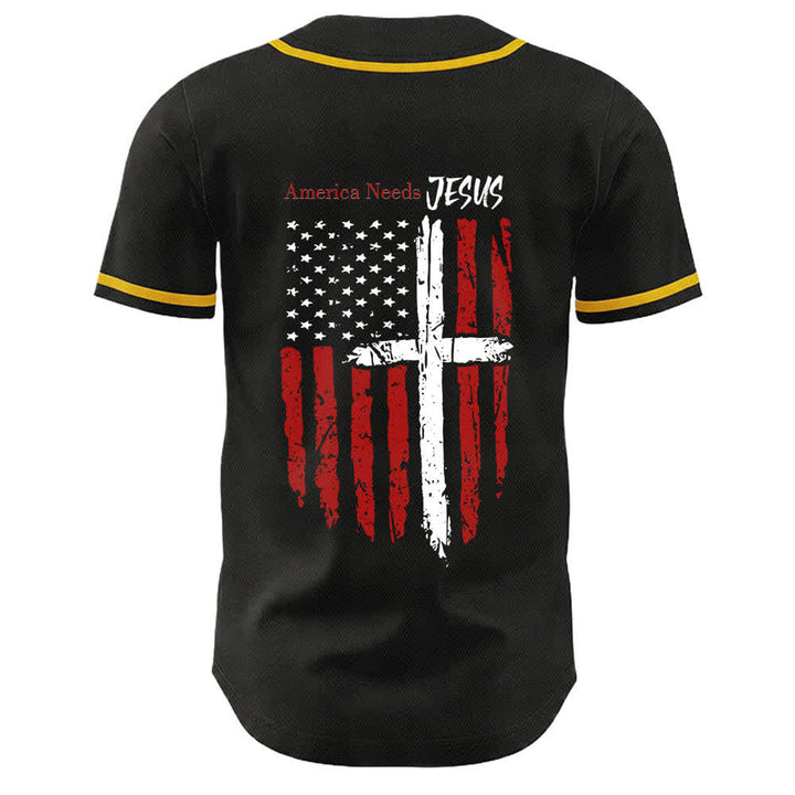 Christianartworkshop Maillot de baseball boutonné à drapeau vieilli « America Needs Jesus » - image 1