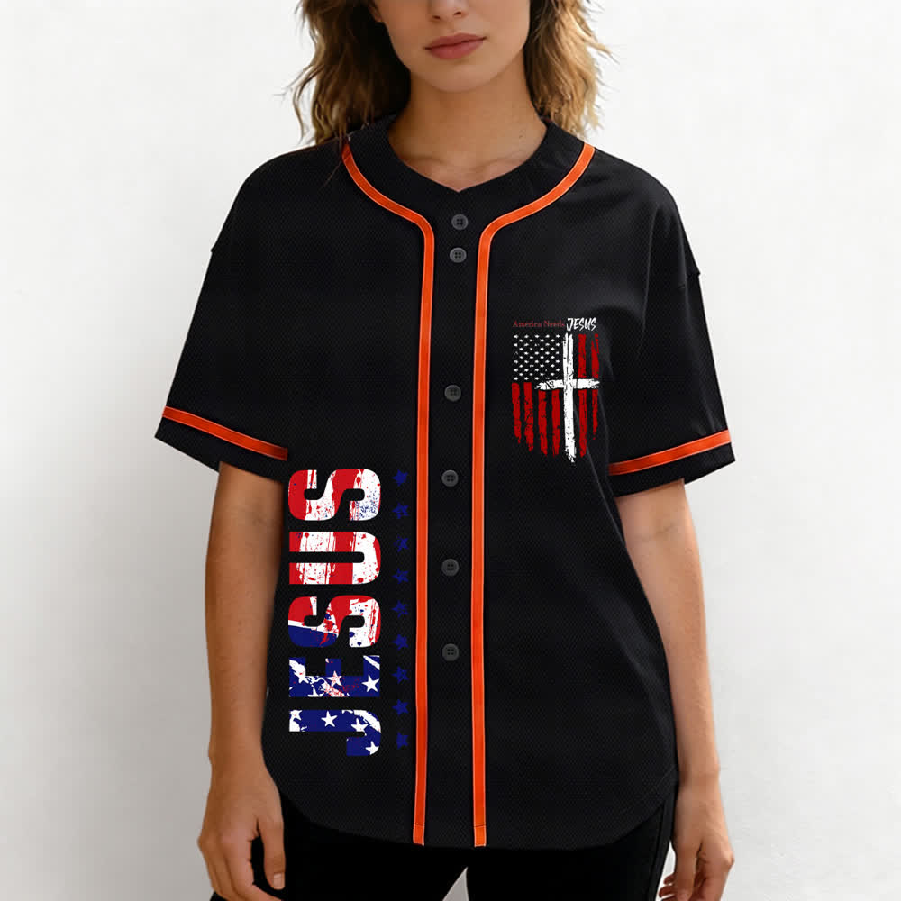 Christianartworkshop Maillot de baseball boutonné à drapeau vieilli « America Needs Jesus » - image 25