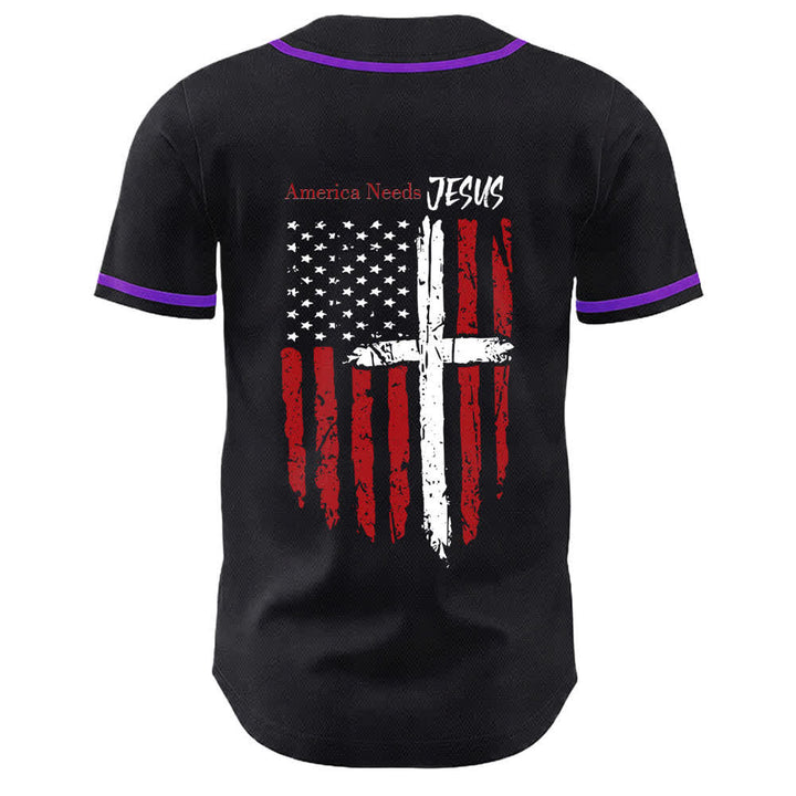 Christianartworkshop Maillot de baseball boutonné à drapeau vieilli « America Needs Jesus » - image 57