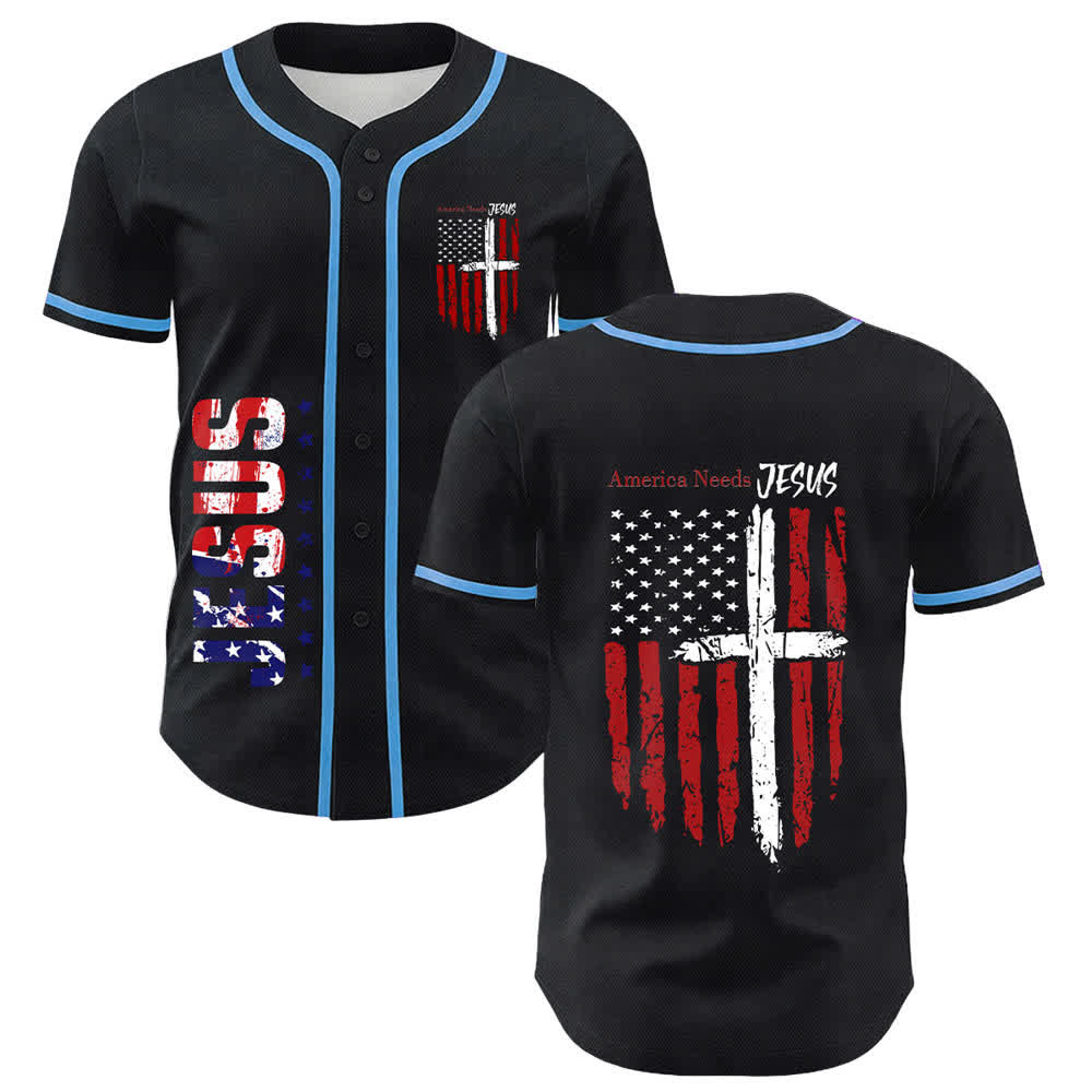 Christianartworkshop Maillot de baseball boutonné à drapeau vieilli « America Needs Jesus » - Bleu ciel - 5XL - image 28