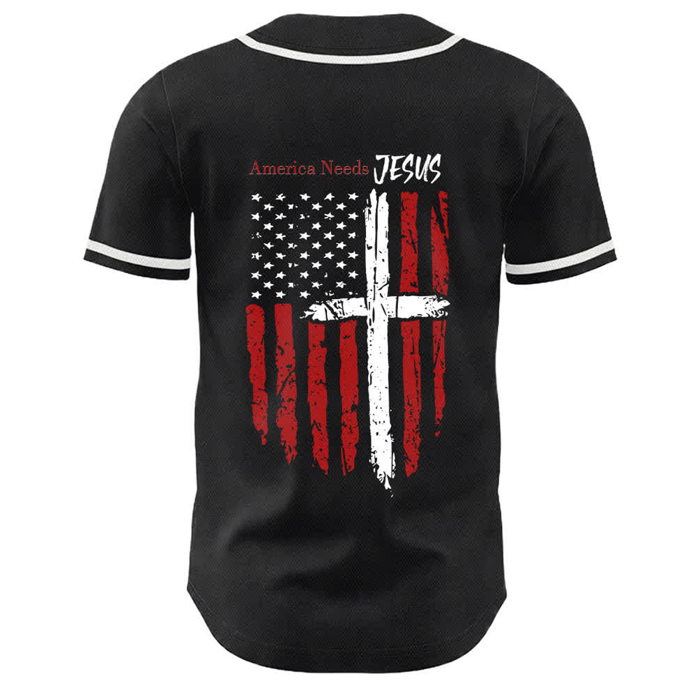 Christianartworkshop Maillot de baseball boutonné à drapeau vieilli « America Needs Jesus » - image 8