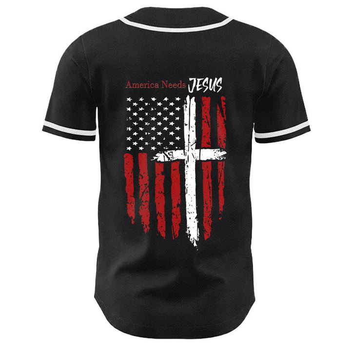Christianartworkshop Maillot de baseball boutonné à drapeau vieilli « America Needs Jesus » - image 8