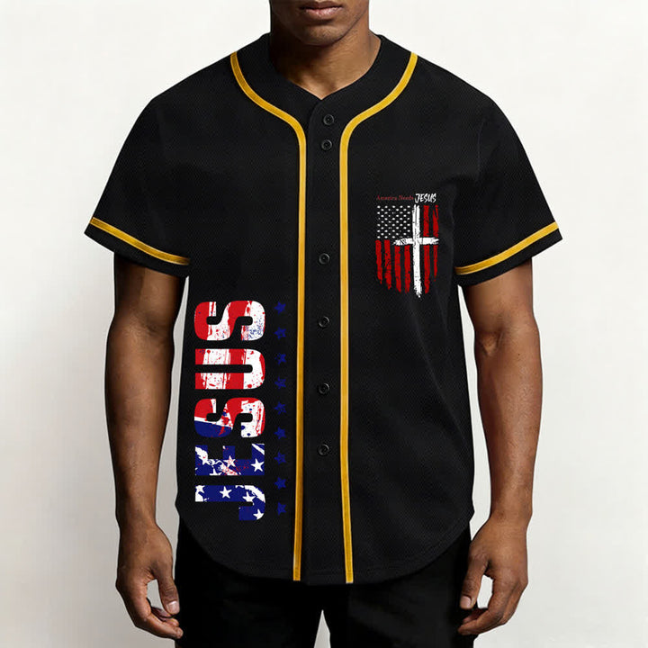 Christianartworkshop Maillot de baseball boutonné à drapeau vieilli « America Needs Jesus » - image 6