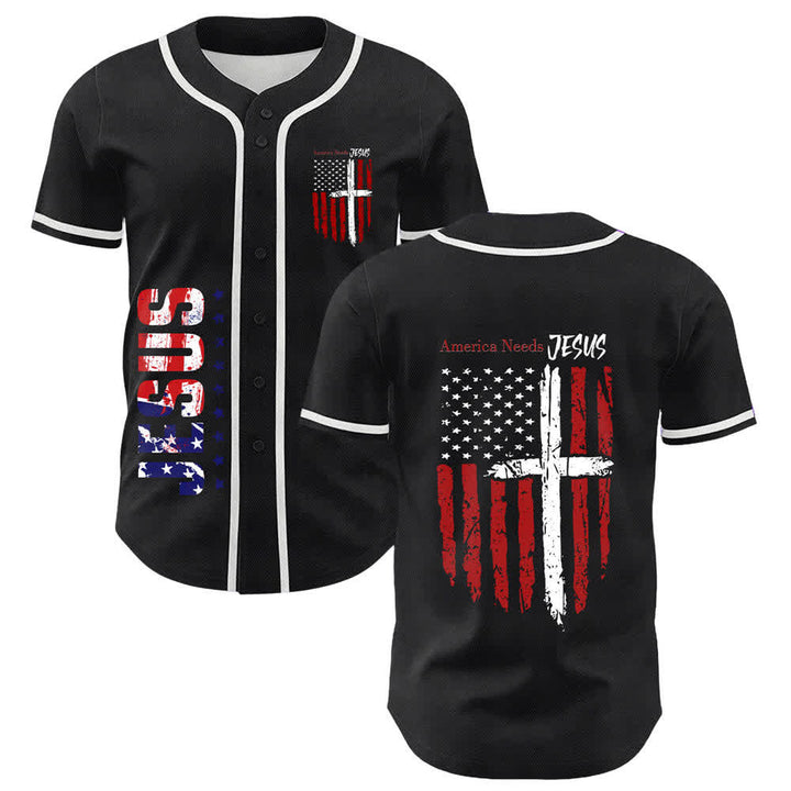 Christianartworkshop Maillot de baseball boutonné à drapeau vieilli « America Needs Jesus » - Violet - 5XL - image 7