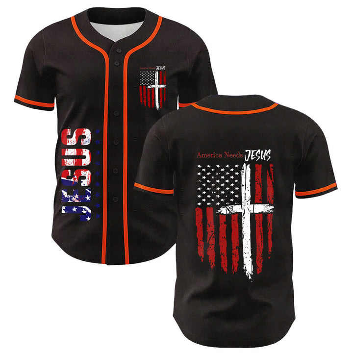 Christianartworkshop Maillot de baseball boutonné à drapeau vieilli « America Needs Jesus » - Orange - 5XL - image 21