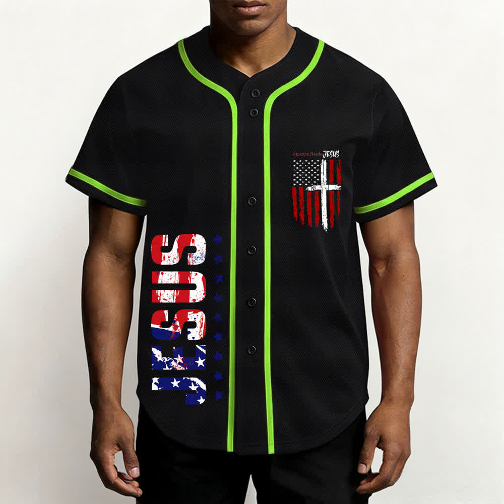 Christianartworkshop Maillot de baseball boutonné à drapeau vieilli « America Needs Jesus » - image 41